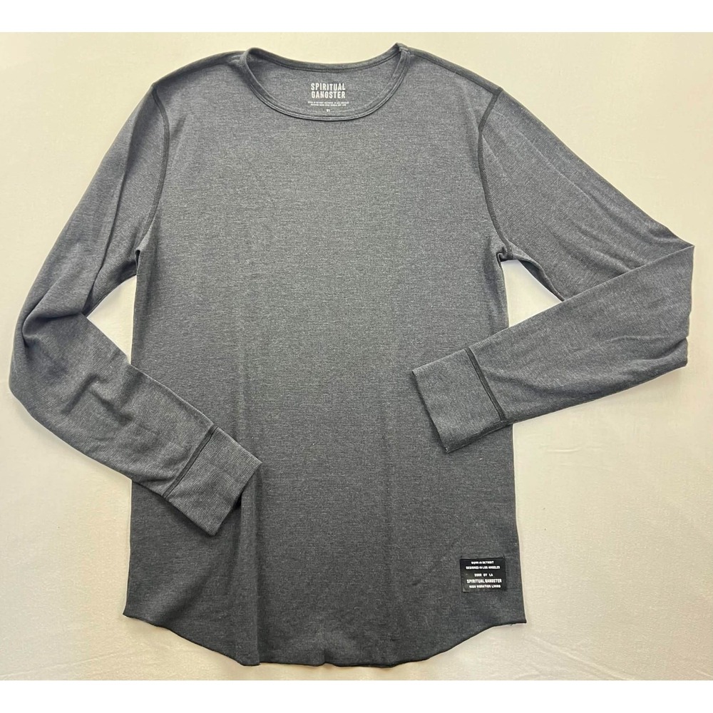 Spiritual Gangster Men Gray Waffle Thermal Long Sleeve Shirt Raw Hem XL USA Made
